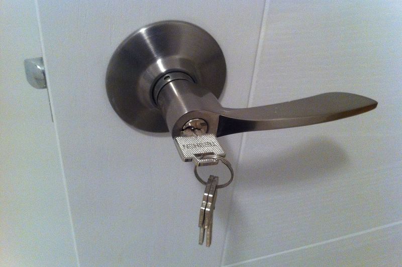Key in a lever lockset on a door